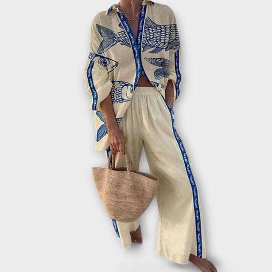 Yazette – Linen Look with Fish Print